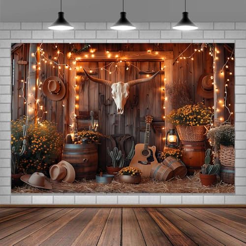 Western Boho Backdrop for Photography Southwest Country Ranch Photo Backdrop Retro Rustic Barn Door with Bull Skull Cactus Cowboy Guitar Texas Hippie Photo Background Booth Video Studio Props 6X4FT - color: Bull Skull, size: 6X4FT