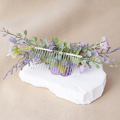 Purple Flower Hair Comb - Handmade Wedding Floral Combs Bridal Comb for Hair for Bride Bridesmaid Women Girls Prom Bridal Shower Maternity Shoot - color: Light Purple