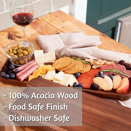 Large Solid Acacia Wood Serving Trays (17 x 6.5 inches) Rectangular Wooden Serving Platters for Home Decor, Food, Vegetables, Fruit, Charcuterie, Appetizer Serving Tray, Cheese Board (Set of 3 Plates) - size: Large