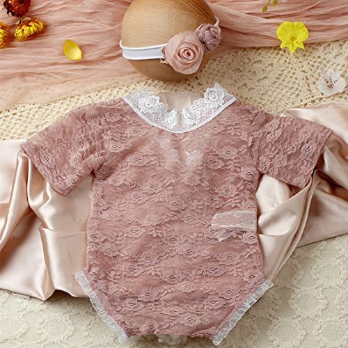 Baby Photography Props Outfit Lace Rompers Newborn Girl Photo Shoot Outfits Flower Headband Princess Costume - color: Lotus Color