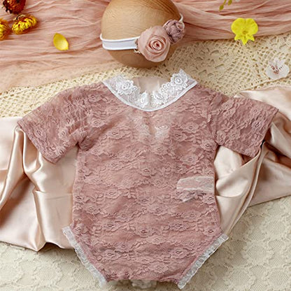 Baby Photography Props Outfit Lace Rompers Newborn Girl Photo Shoot Outfits Flower Headband Princess Costume - color: Lotus Color