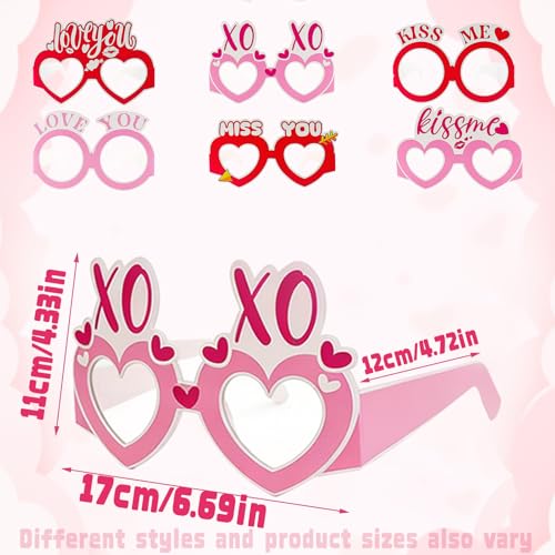 Valentine's Day Paper Glasses Eyewear - 6Pcs Pink Red Heart I Love You Eyeglasses Photo Props, Romantic Party Favors Eyewear for Couples, Galentine's & Date Night - color: Pink Red