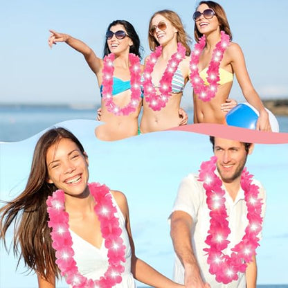 Sherr 24 Pcs LED Hot Pink Leis Light up Wedding Hawaiian Leis Flower Necklace with LED Lights Beach Tropical Carnival Party Wedding Supplies Luau for Masquerade - color: Hot Pink
