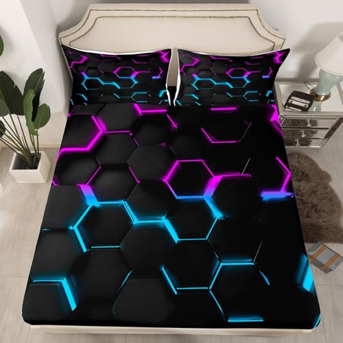 Manfei Honeycomb Fitted Sheet Full Size, Geometric Hexagon Bedding Set, Abstract Purple Blue Bed Cover with 2 Pillowcases, Kids Girls Room Decor, Soft Polyester Bedding(No Top Sheet) - color: Black Purple Blue, size: FULL (W54*L75*H16")