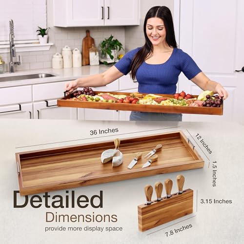 TIDITA Acacia 36 Inch Large Charcuterie Boards for Party with Cheese Knife Set of 4 – Acacia Wood Serving Tray with Handles, Long Charcuterie Board, Wooden Cheese Board - color: Acacia, size: 36" x 12" x 1.5"