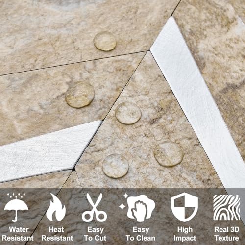 DICOFUN 10-Sheet Sandstone Look Herringbone Peel and Stick Backsplash for Kitchen, PVC Mixed Metal Gold Chevron Stick on Backsplash Wall Tiles - color: Sandstone and Metal Silver, size: 10 Sheets, 12"x12"x0.12"