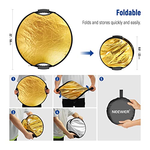 NEEWER 22"/56cm Light Reflector with Handle Grip with 3/8" Thread, 5 in 1 Collapsible Disc Light Diffuser Translucent/Silver/Gold/White/Black for Photography Lighting, Outdoor Lighting, RF-56II - style: 56cm