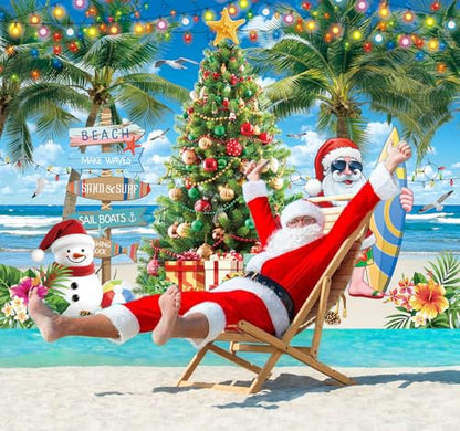 July Christmas Backdrop Summer Beach Santa Claus Christmas Tree Photography Background 8x6FT Tropical Hawaiian Xmas Party Decorations Supplies Photo Props - size: 8x6FT: 96x72 inch
