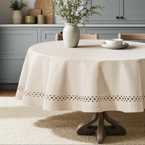MIULEE Beige Round Linen Polyester Tablecloth with Decorative Cutouts Spring Waterproof Stain Resistant & Shrink-Proof Table Cloth 60x60 inch Farmhouse Style for Dining Wedding and Outdoor - color: Beige, size: 60" (Round)