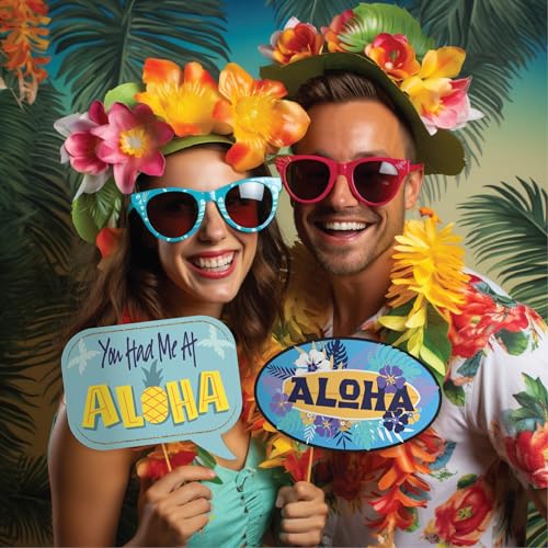 Hawaiian Photo Booth Props - 41-pc Luau Photo Props Kit with 8 x 10-Inch Sign, 60 Glue Dots, 45 Sticks - Vacation Props - Photo Booth Props Summer