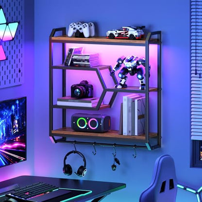 HOOBRO 27.5" Floating Shelf with LED Lights, Gaming LED Wall Mounted Shelf with Hanging Rod & 4 S-Hooks, 4-Tier Hanging Display Rack, for Living Room, Gaming Room, Rustic Brown and Black BF71DBJ01 - color: Rustic Brown + Black