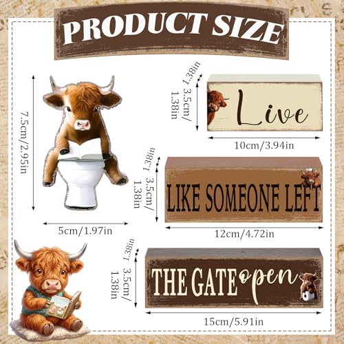 Geelin 4 Pcs Highland Cow Bathroom Decorations Bathroom Wooden Table Centerpiece Blocks Highland Cow Tiered Tray Decor Live Like Someone Left The Gate Open Sign for Indoor Home Desk Room Shelf Decor - style: Highland Cow