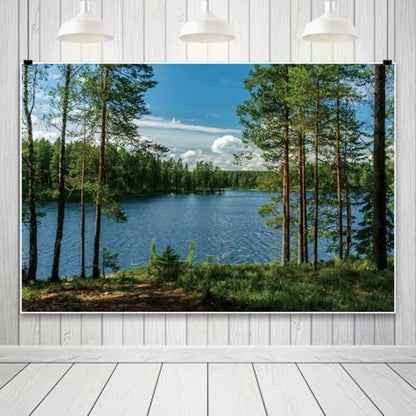 6x4ft Forest Lake Photo Backdrop Park Lakeside Green Trees Natural Scenery Background Banner Spring Summer Countryside Outdoor Picnic Camping Hiking Decor Kids Adults Portrait Studio Props - size: 6x4ft