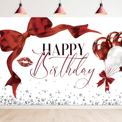 Newsely Burgundy Bow Happy Birthday Banner Backdrop 7Wx5H Photography Girls Coquette Birthday Decorations Red Balloons Background Women Bachelorette Party Decorations Banner Photo Booth Props Supplies - color: A-red bow, size: 7Wx5H