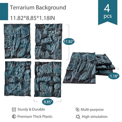 4pcs Rock Terrarium Background,3D Reptile Tank Background Board,Amphibian Stereo Backdrop Wall,Lizard Snake Gecko Spider Chameleon Turtle Fish pet silo Background Decorative Panel - color: Blue 4P
