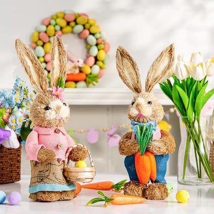 Easter Bunny Decor 13.38 in Standing Sisal Rabbit Figurine Handmade Easter Straw Mr. Bunny Statues Spring Straw Bunny Cute Photo Props Gifts for Farmhouse Spring Home Porch Decor Easter Table Decor
