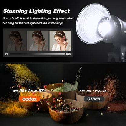 Godox 2PACK SL100D COB LED Continuous Video Light Kits Professional with 1*Carry Bag 2*Light Stand 2* Softbox 1 * 5 in 1 Reflector 1* Carry Bag Studio Lighting for Photography Studio Shooting