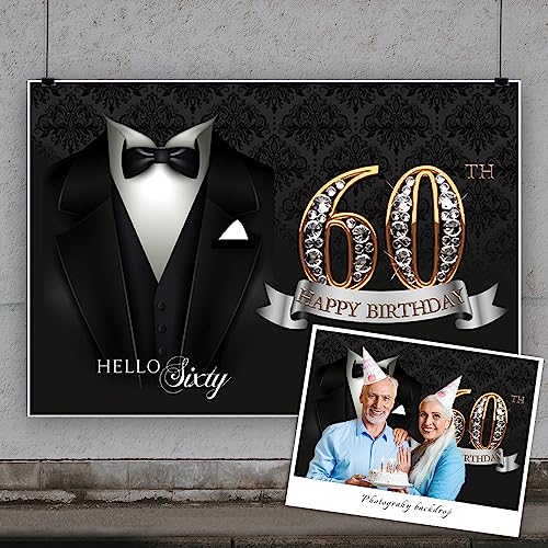 5x3ft Men 60th Birthday Backdrop Black Necktie Suit Tuxedo Diamonds Gold 60th Happy Birthday Photography Background Hello Sixty Birthday Party Supplies Cake Table Banner Photo Booth Props - color: black gold 60, size: 5x3ft
