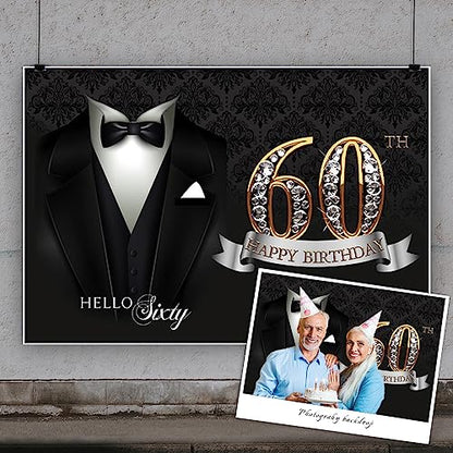 5x3ft Men 60th Birthday Backdrop Black Necktie Suit Tuxedo Diamonds Gold 60th Happy Birthday Photography Background Hello Sixty Birthday Party Supplies Cake Table Banner Photo Booth Props - color: black gold 60, size: 5x3ft
