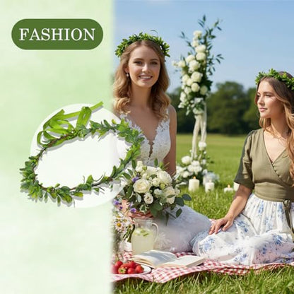 UPSTORE Green Boho Leaf Crown Floral Headband Bohemian Wedding Headpiece with Adjustable Ribbon for Bride Vacation Party Festival Photo Prop
