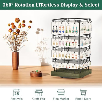 EsLuker.ly Rotating Earring Display Holder Stand for Vendors Events Selling, Large Capacity 64 Hooks Jewelry Rack with Wooden Base for Earring Card Sales, Enhances Retail Visibility(Rustic Gray) - color: Rustic Gray+Black