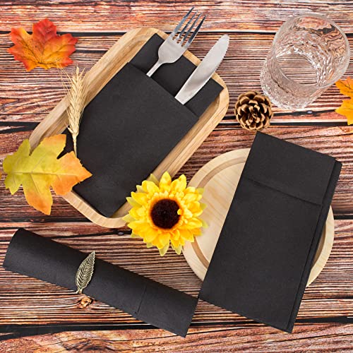 Linen-Feel Black Paper Napkins, Cloth Like Dinner Napkins with Built-in Flatware Pocket, Pre-Folded Absorbent Disposable Guest Paper Hand Towels for Bathroom, Weddings Party(50 Pack) - color: black