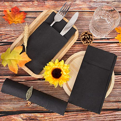 Linen-Feel Black Paper Napkins, Cloth Like Dinner Napkins with Built-in Flatware Pocket, Pre-Folded Absorbent Disposable Guest Paper Hand Towels for Bathroom, Weddings Party(50 Pack) - color: black