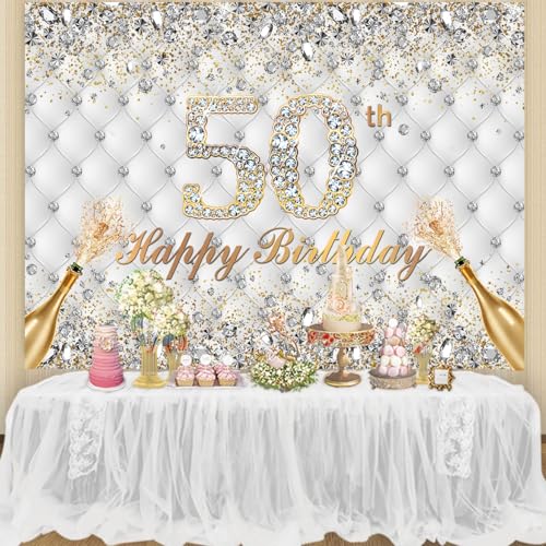 Withu White Gold 50th Birthday Backdrop for Men Women Shining Diamond Crystals Cheers to 50 Years Old Champagne Fifty Birthday Party Decorations Photography Banner Background 8x6ft - size: 8x6ft