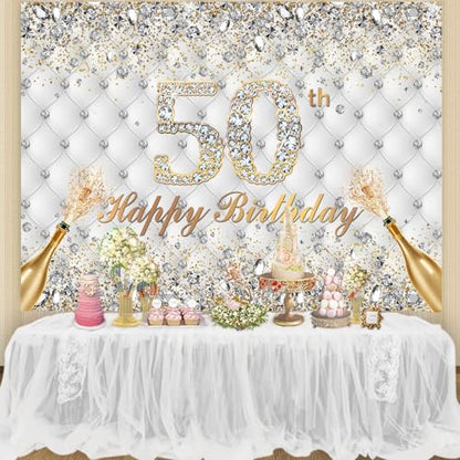 Withu White Gold 50th Birthday Backdrop for Men Women Shining Diamond Crystals Cheers to 50 Years Old Champagne Fifty Birthday Party Decorations Photography Banner Background 7x5ft - size: 7x5ft