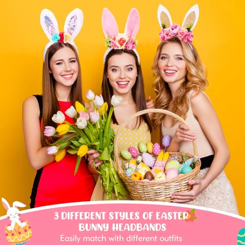 Hoteam 3 Pcs Easter Bunny Ears Headband Rabbit Ear Hair Band for Women Cute Bunny Headwear for Easter Carnival Birthday Party Favor Cosplay Costume Accessories