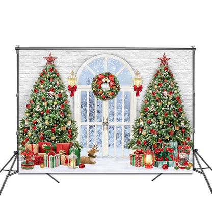 Christmas Photography Backdrop 7x5ft Christmas Tree Door Xmas Party Decorations Photo Background Snowy Winter Scenery Outside The Door White Brick Wall Family Photo Shoot Booth Props
