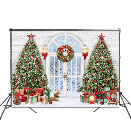 Christmas Photography Backdrop 7x5ft Christmas Tree Door Xmas Party Decorations Photo Background Snowy Winter Scenery Outside The Door White Brick Wall Family Photo Shoot Booth Props