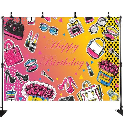Happy Birthday Backdrop Girl Birthday Photography Background Lipstick Cosmetic High Heels Birthday Party Decorations Banner Photo Supplies Studio Props LHC138 7X5FT