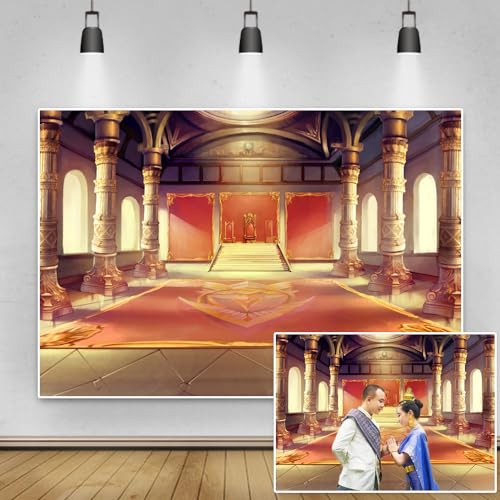 10x8ft Luxury Palaces Backdrop Ancient Royal Throne Golden Hall Carpet Marble Pillar Photography Background for Prom Birthday Wedding Party Decorations Kids Adults Portrait Photo Shoot Props - size: 10x8ft