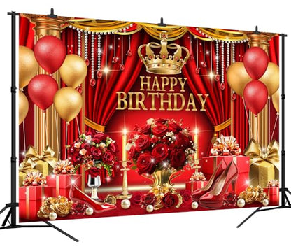 Red and Gold Birthday Backdrop for Happy Birthday Party Decorations, Luxury Red Curtains Classic Red Gold Chair King Throne Photography Background, Elegant Party Banner for Girls 5x3ft - size: 5x3FT