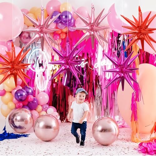 Pink Red Star Balloons, 22 Inch Hot Pink Red Foil Explosion Star Balloons, Large Spike Balloon Stars Cone balloons, for Girls Women Birthday Wedding Anniversary Bridal Shower Party Decorations - color: Red Pink Rose Red