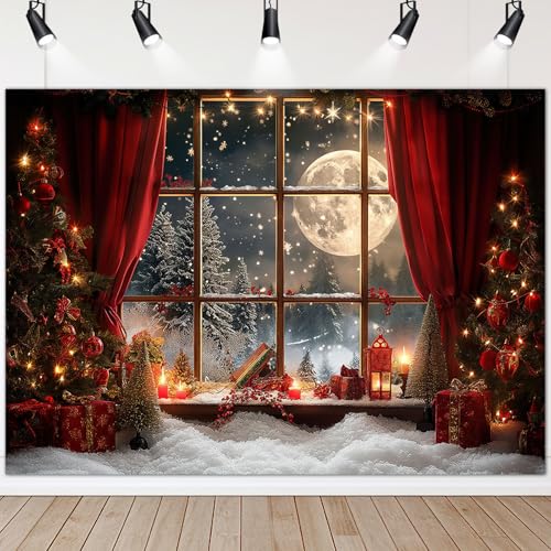 Avezano 8x6 ft Christmas Photo Backdrop Window Full Moon Night Background Red Curtain Christmas Eve Holiday Portrait Backdrop Photo Studio Props - size: 8x6ft