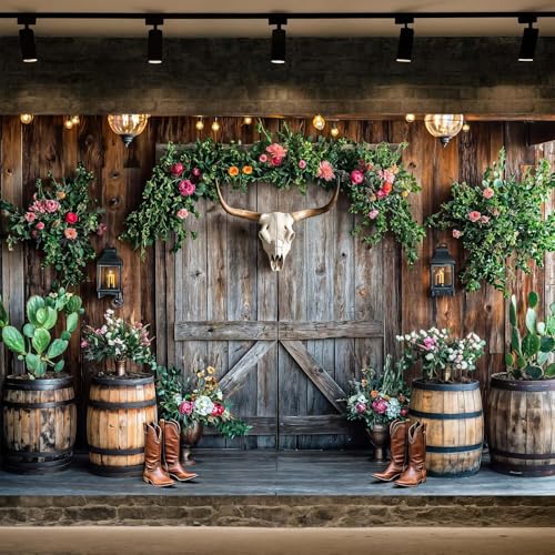 Wathon Western Cowboy Backdrop for Photography Southwest Country Ranch Photo Backdrop Retro Rustic Barn Door with Cactus Floral Texas Photo Background Booth Video Studio Props 6X4FT - color: Floral Bull Skull, size: 6X4FT
