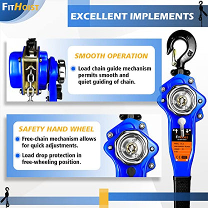 Lever Chain Hoist 1650LBS Capacity 10FT Manual Ratchet Chain Puller Hoist with 2 Hooks for Open-Air and Unpowered Operations (1650LBS 10FT)