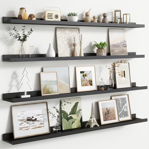 FLYJOE Floating Picture Ledge Shelves for Wall Set of 4, 48 Inch Wall Shelves with Lip Long Large Nursery Book Shelf for Toys Storage Kids Bookshelf Wall Mounted Living Room Bedroom Decor Frames - color: Black, size: 48'', Set of 4