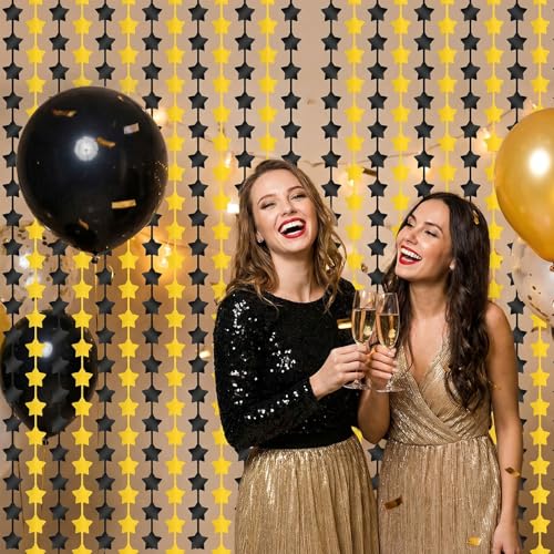 2 Pack Black Gold Star Foil Fringe Curtains Backdrop Streamers 3.3×6.6ft Birthday Party Decorations Photo Booth Props for Birthday Graduation Party Supplies