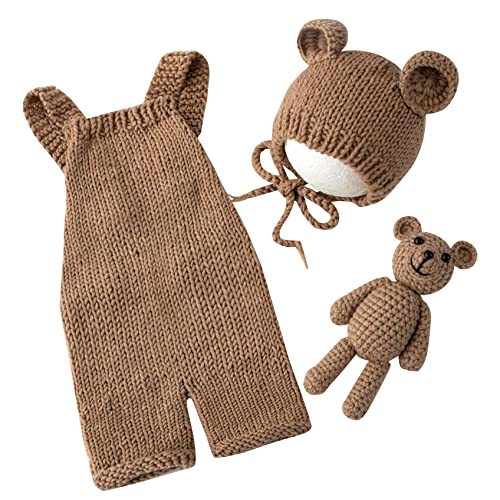 Newborn Photography Props Boys Girls Outfits Baby Photo Props Knit Bear Hat Romper Photoshoot Costume Set - color: Camel