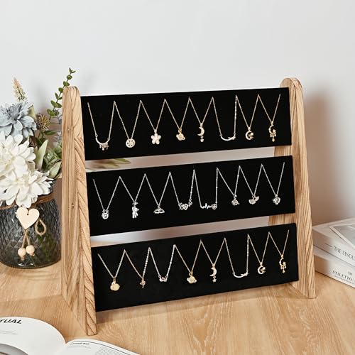 Necklace Holder 3 Tier Wooden Necklace Organizer Stand with Velvet, Necklace Display Stand for Selling,Chain Necklace Holder Rack for Show, 72 Necklaces Bracelets - style: One-Sided Black