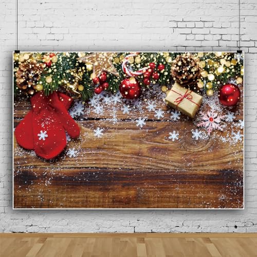 5x3ft Christmas Backdrop Rustic Barn Wood Wall Winter Snowflake Gloves Photography Backdround for Kids New Year Family Party Decoration Supplies Photo Studio Props - color: Brown Red, size: 5x3ft