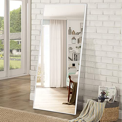 NeuType 59" X 20" Full Length Mirror - Aluminum Alloy Thin Frame Floor Standing or Wall Hanging, Bedroom Full Body Mirror - White with Stand - color: White, size: 59"L x 20"W