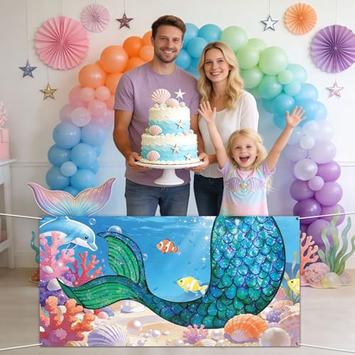 Mermaid Birthday Party Decorations Under the Sea Banner Backdrop Mermaid Tail Photography Background Ocean Theme Photo Props for Summer Girls Princess Birthday Indoor Outdoor Party Decoration Supplies