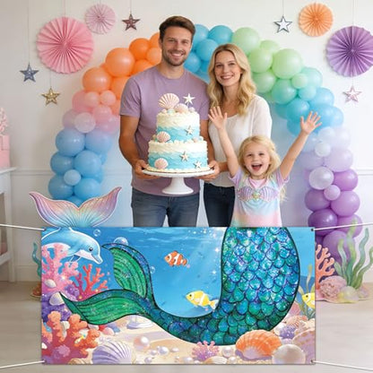 Mermaid Birthday Party Decorations Under the Sea Banner Backdrop Mermaid Tail Photography Background Ocean Theme Photo Props for Summer Girls Princess Birthday Indoor Outdoor Party Decoration Supplies