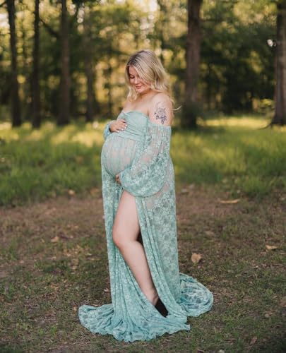 Saslax Soft Stretchy Lace Off Shoulder Doubly Split A-line Skirt Maternity Dress Pregnancy Maxi Gown for Photoshoot - color: Sage, size: Small