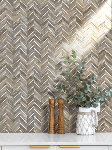 DICOFUN 10-Sheet Herringbone Peel and Stick Backsplash for Kitchen, Distressed Wood Wood Look PVC Mixed Metal Chevron Stick on Backsplash Wall Tiles - color: Distressed Wood and Metal Silver, size: 10 Sheets, 12"x12"x0.12"