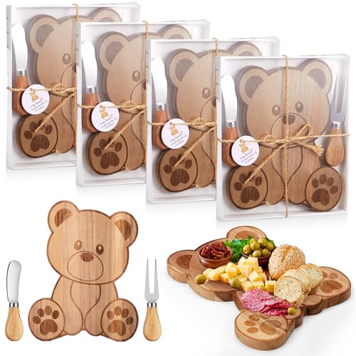 Ziliny 4 Set Baby Shower Prizes Bear Shaped Cheese Board with Cheese Knives and Forks Baby Shower Party Favors Gift Box for Wedding Bridal Birthday Gender Reveal Favor (Acacia Color) - color: Acacia Color